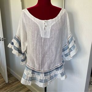 Marilu Top Plus Size See Measurements Blue & Cream Beauty! Ruffles!